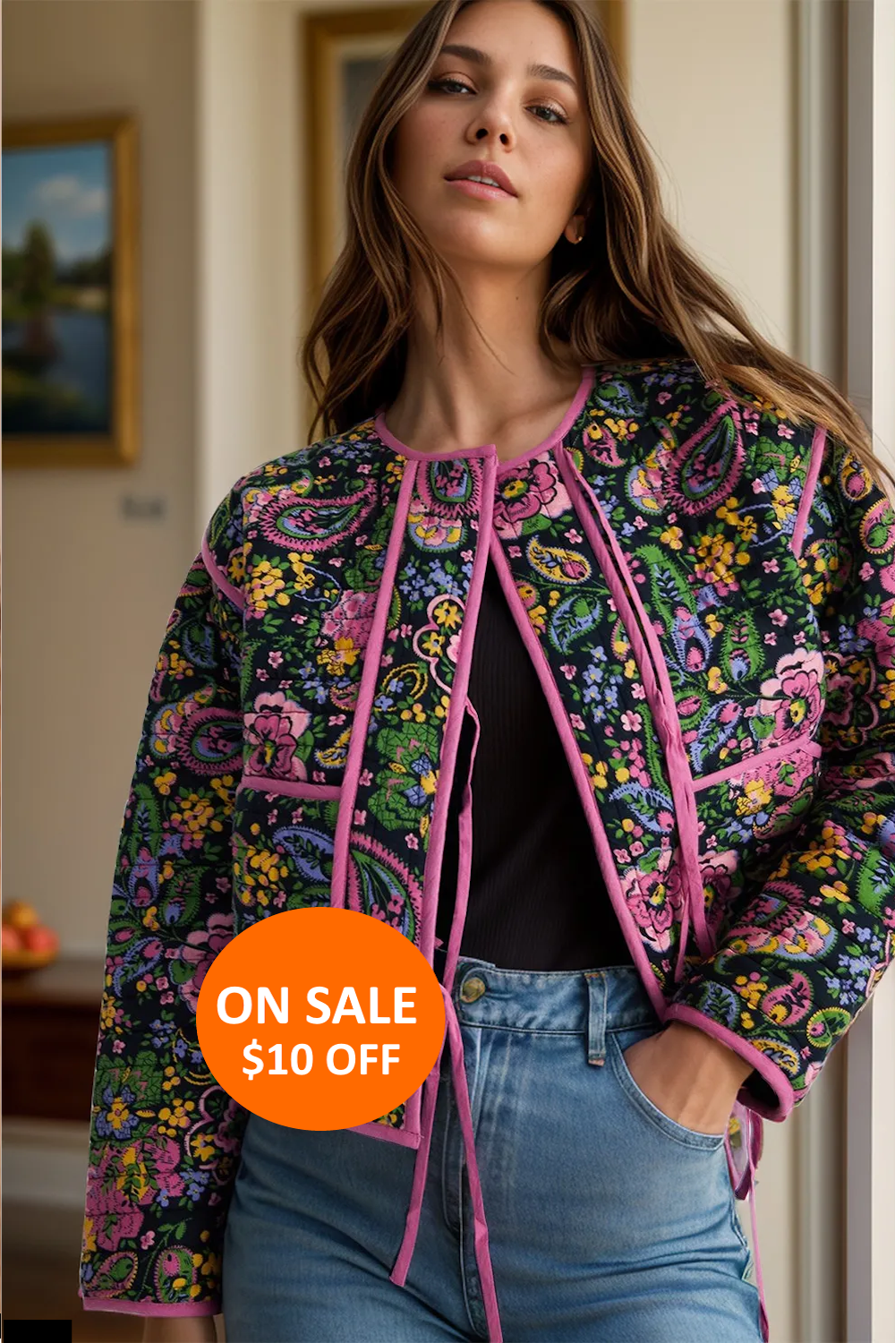 100100836435029-Tied Printed Long Sleeve Jacket